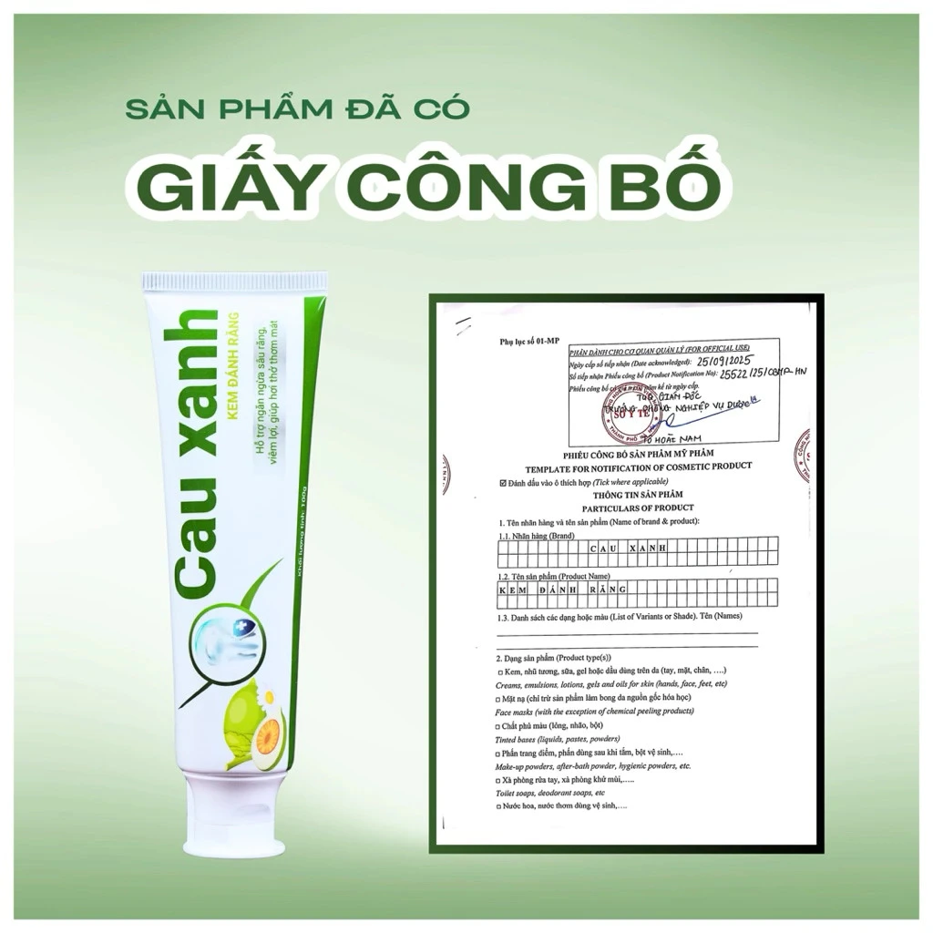 Pháp lý kem đánh răng cau xanh 